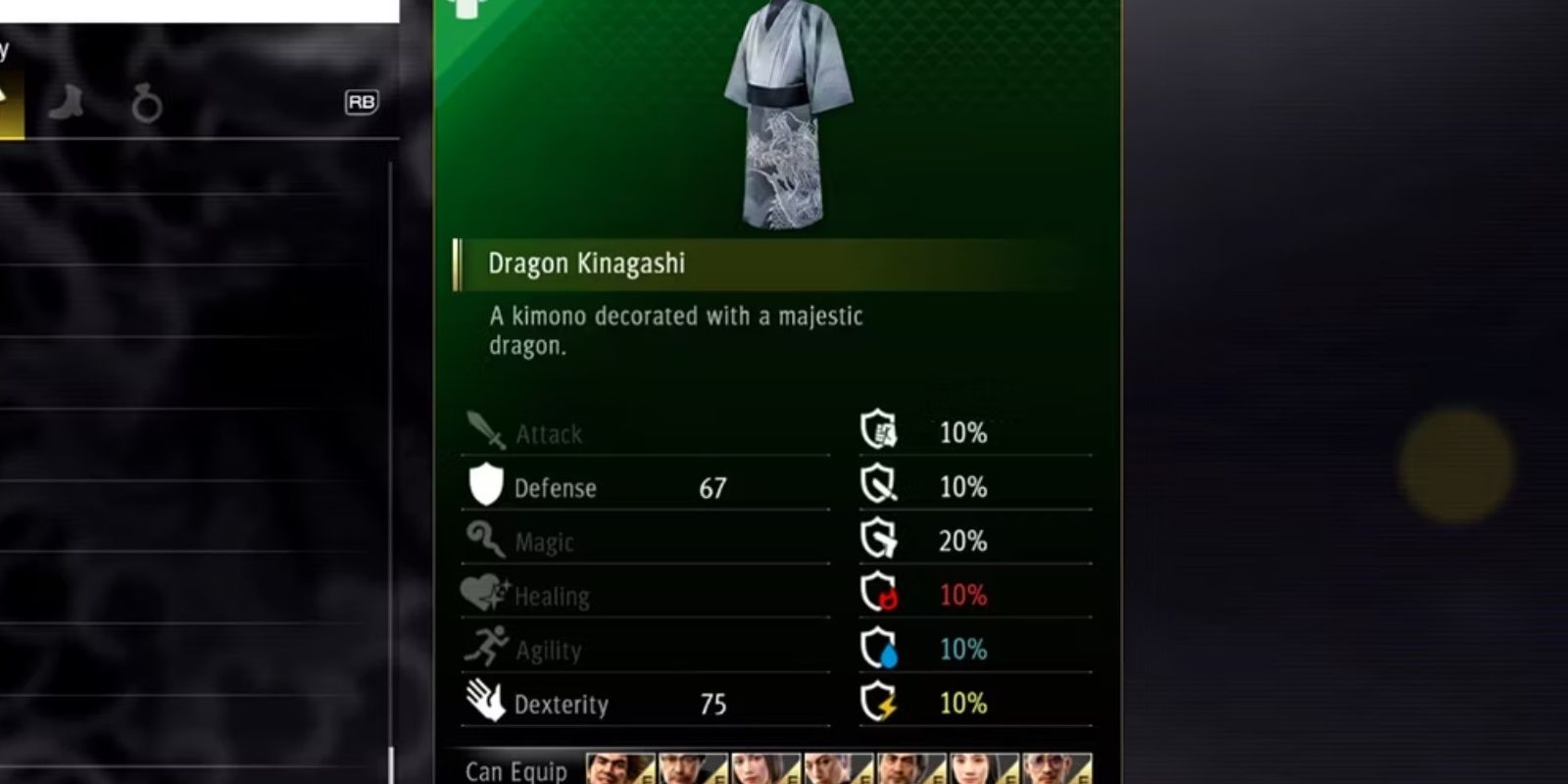 Yakuza: Like A Dragon. Dragon Kinagashi inventory page.