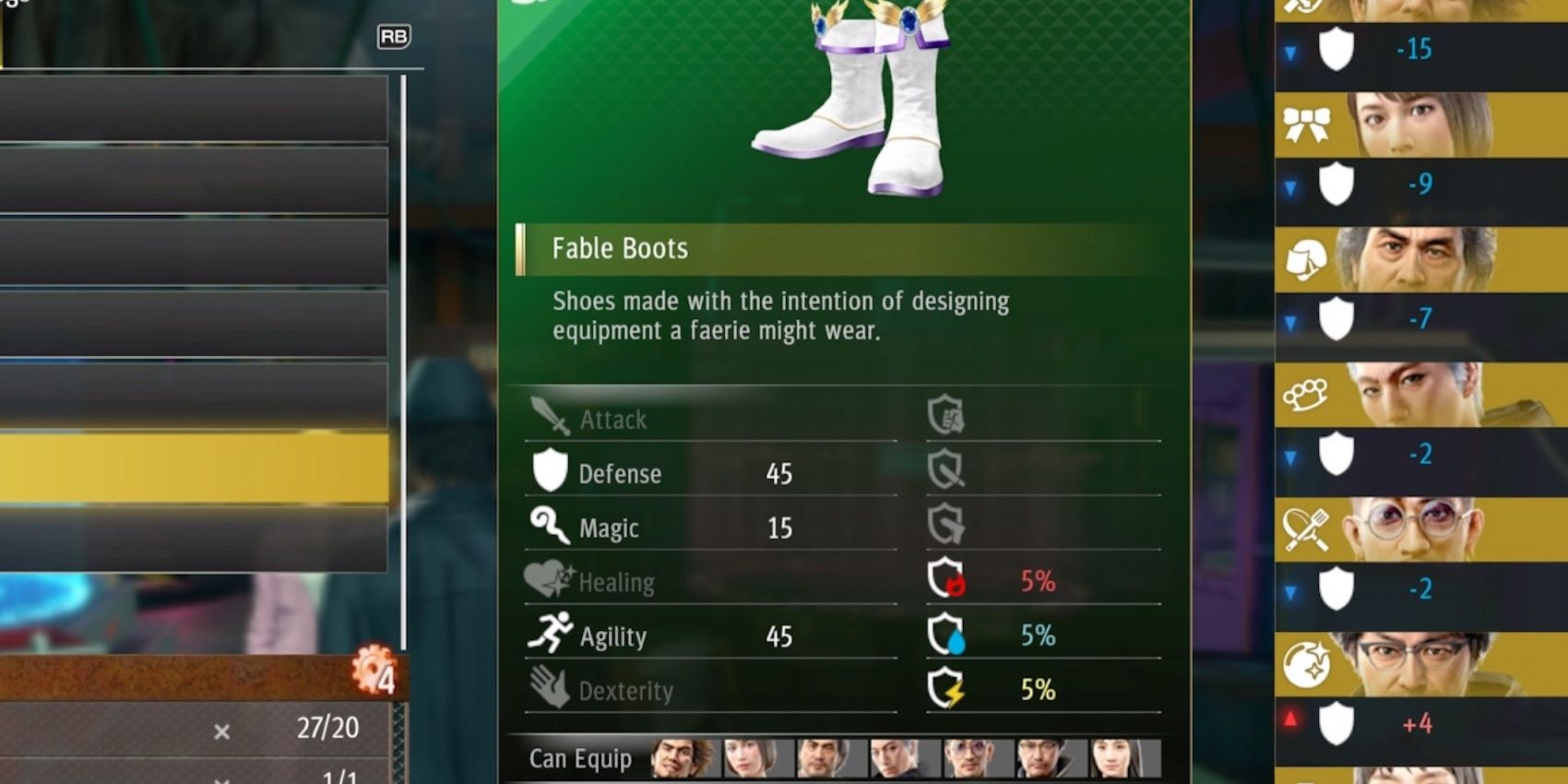 Yakuza: Like A Dragon Fable Boots inventory page.