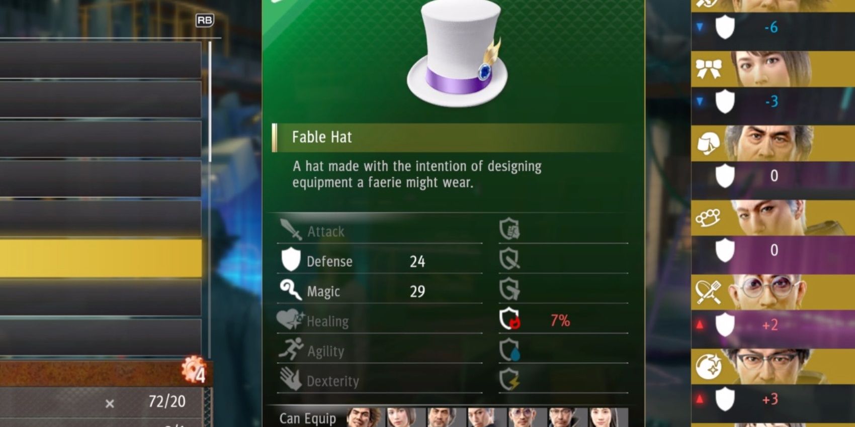 Yakuza: Like A Dragon Fable Hat inventory page.