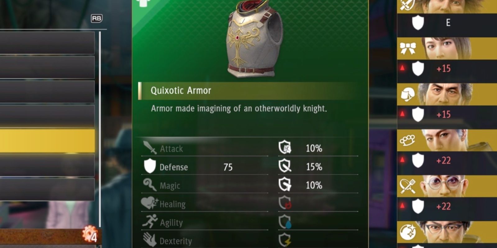 Yakuza: Like A Dragon Quixotic Armor inventory page.