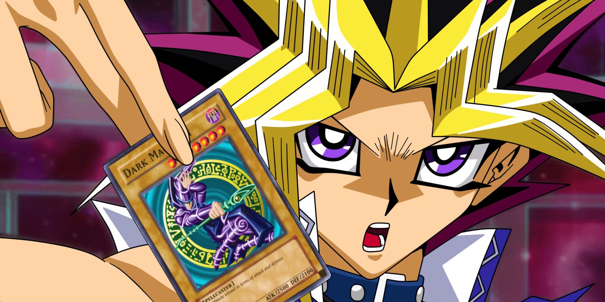 Atem or Yami Yugi from Yugioh holding a Dark Magician card between his indext and middle fingers.