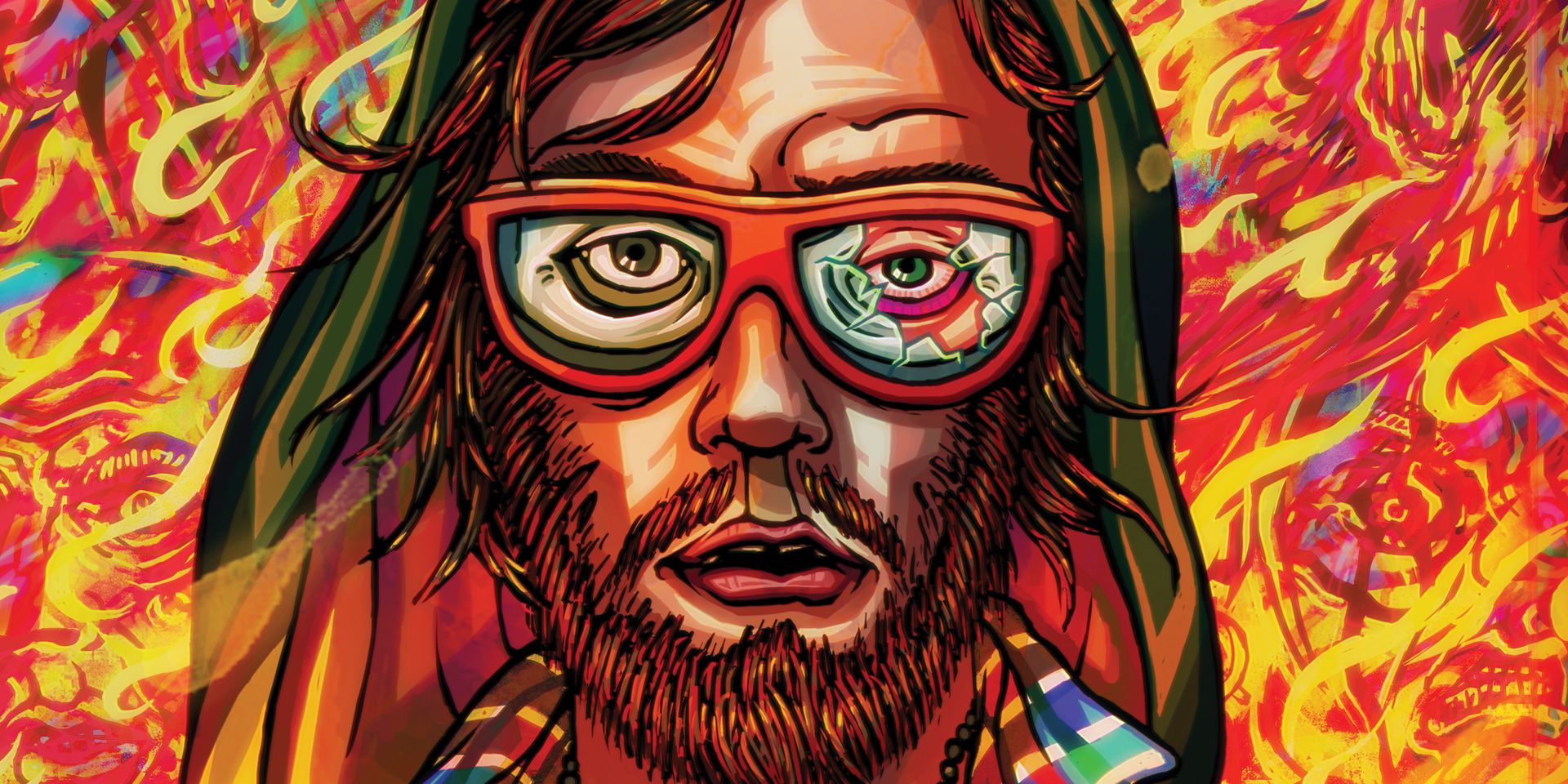 Hotline Miami 2 Cover Art - illustrated man surrounded by fire