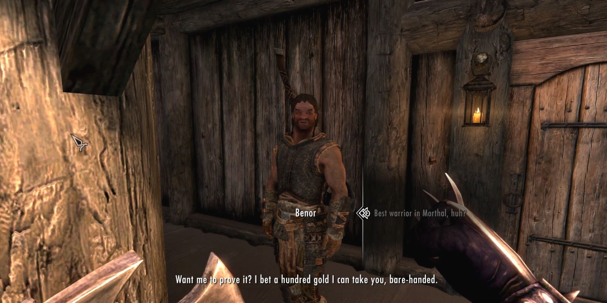 Benor challenges the dragonborn to a brawl in Morthal