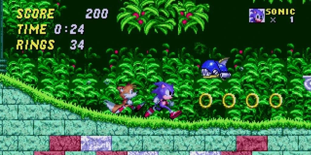 Sonic and Tails running through Sonic 2's Aquatic Ruin Zone 