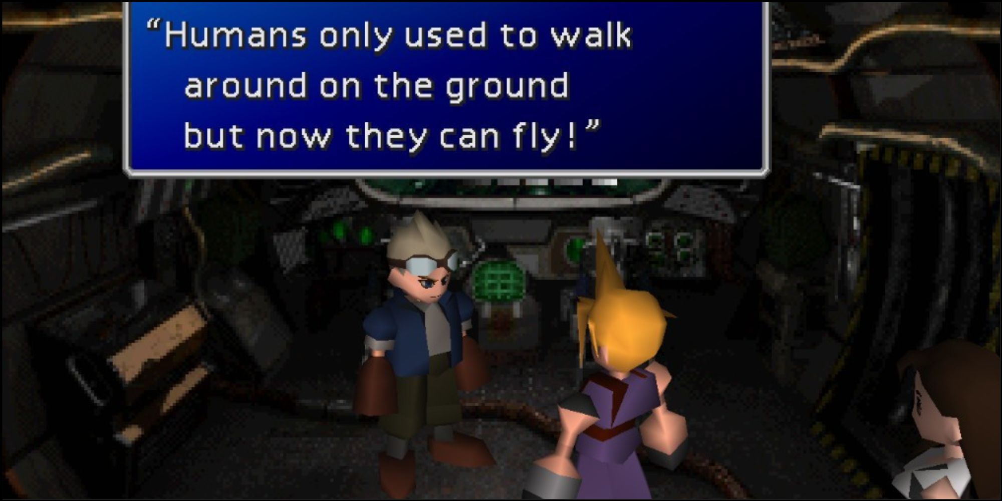 Cid Highwind Cloud Strife and Tifa Lockhart standing in rocket