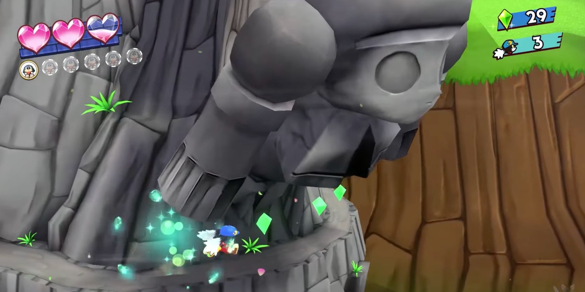 A screenshot of Klonoa Phantasy Reverie Series, showing Klonoa collecting Dream Stones beneath a carving of Lephise