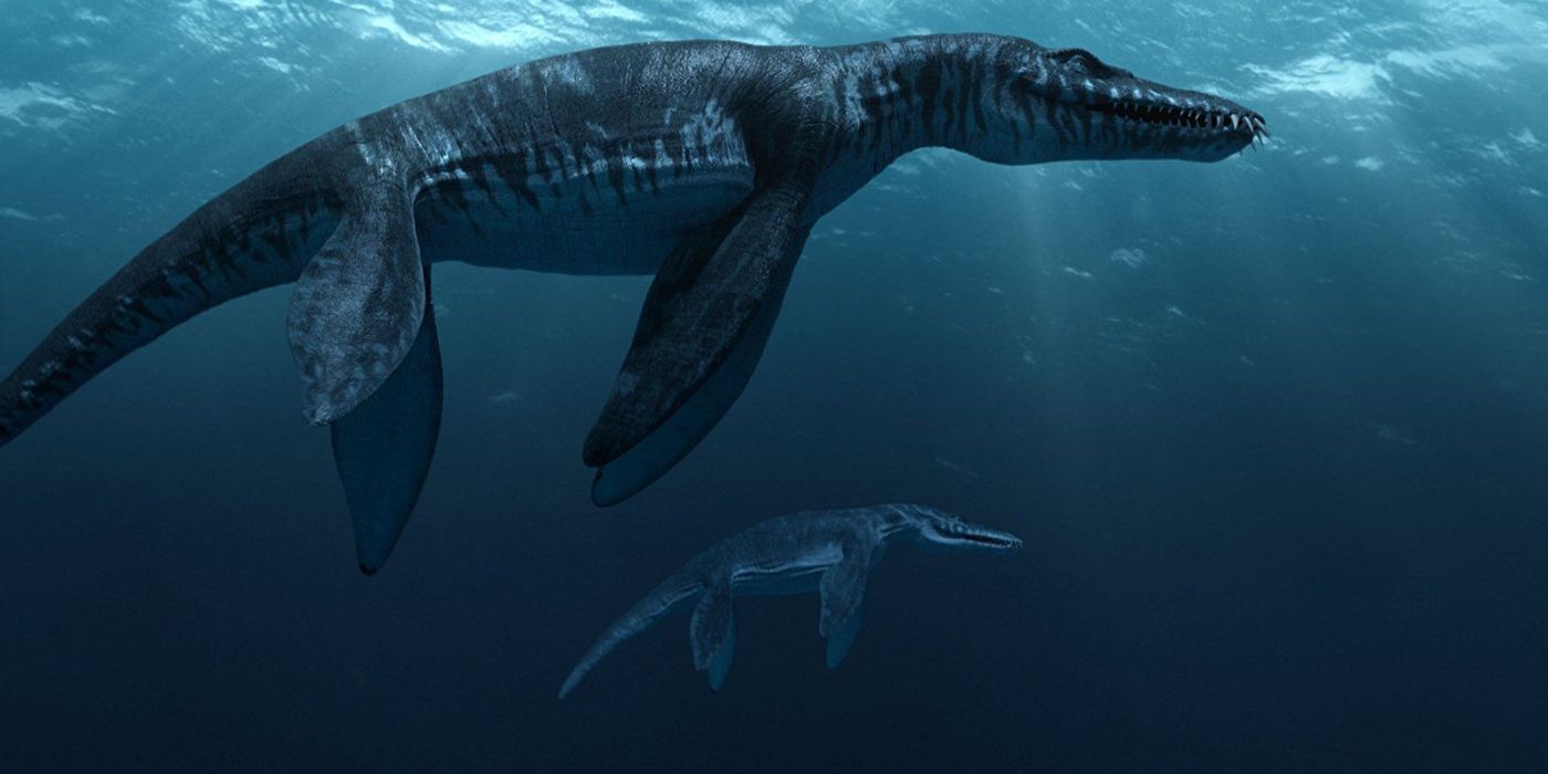 two liopleurodon float near the surface of the water while light trickles down