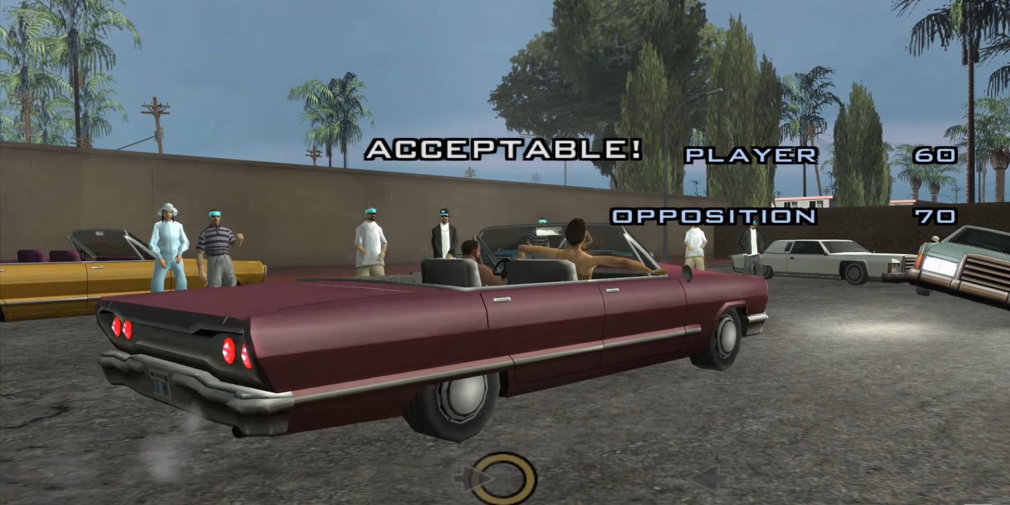 CJ hits an acceptable button prompt during a low rider challenge in Los Santos