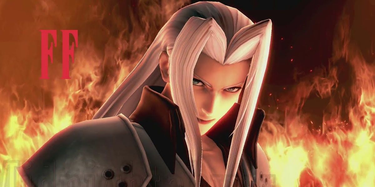 Sephiroth stands in front of a wall of fire