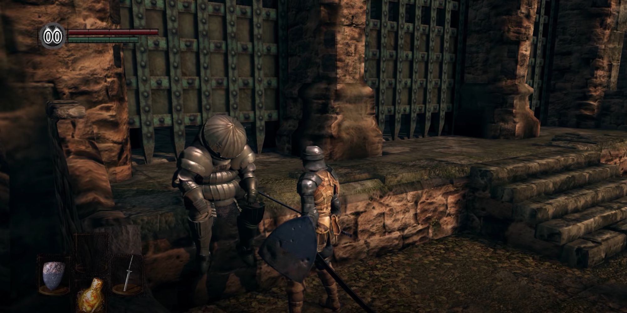 The Chosen Undead finds Siegmeyer of Catarina for the first time, sitting outside Sen's Fortress