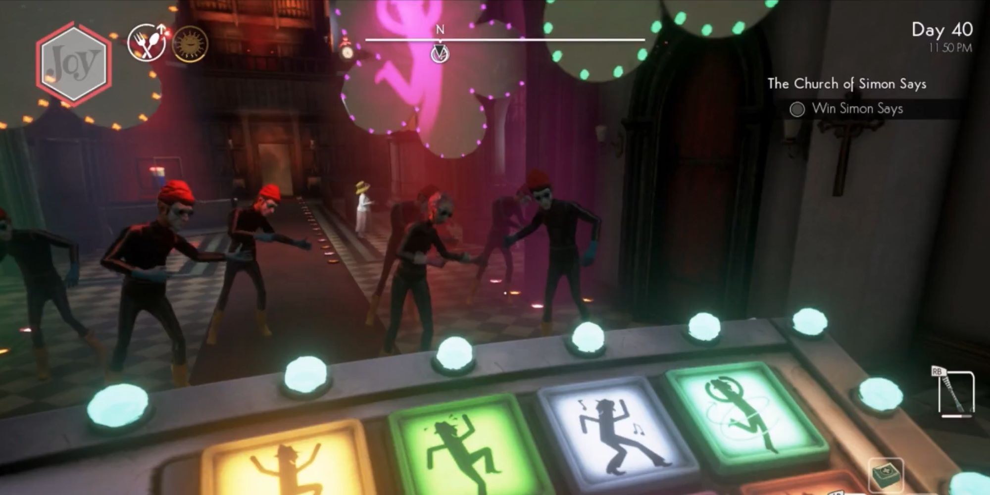 Arthur controls the Simon Says board as the Wellies dance in the Church of St. Genesius