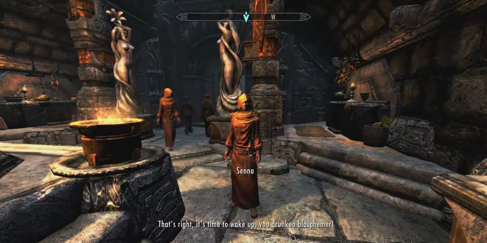 Priestess Senna berates the Dragonborn as they wake up in the Temple of Dibella