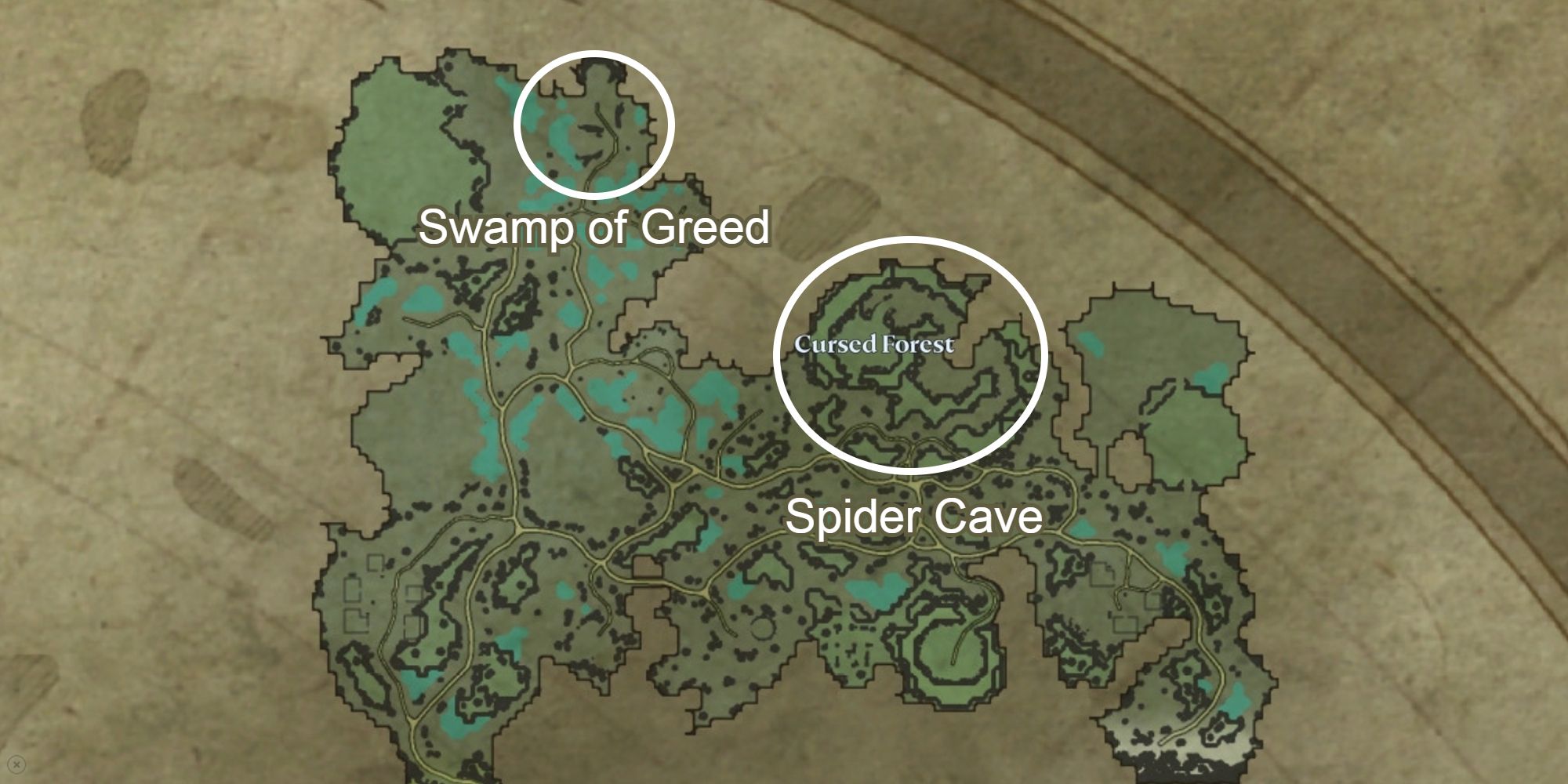location of swamp of greed and spider cave circled on map