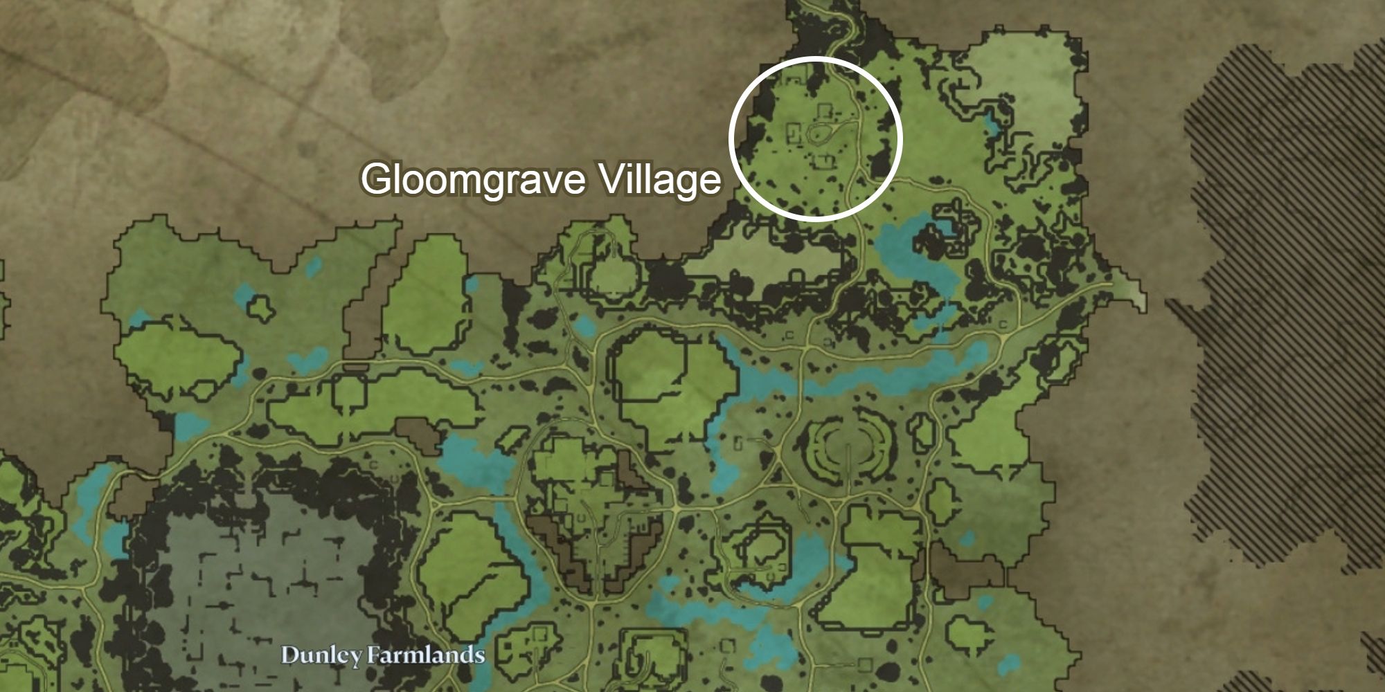 location of gloomgrave village circled on map