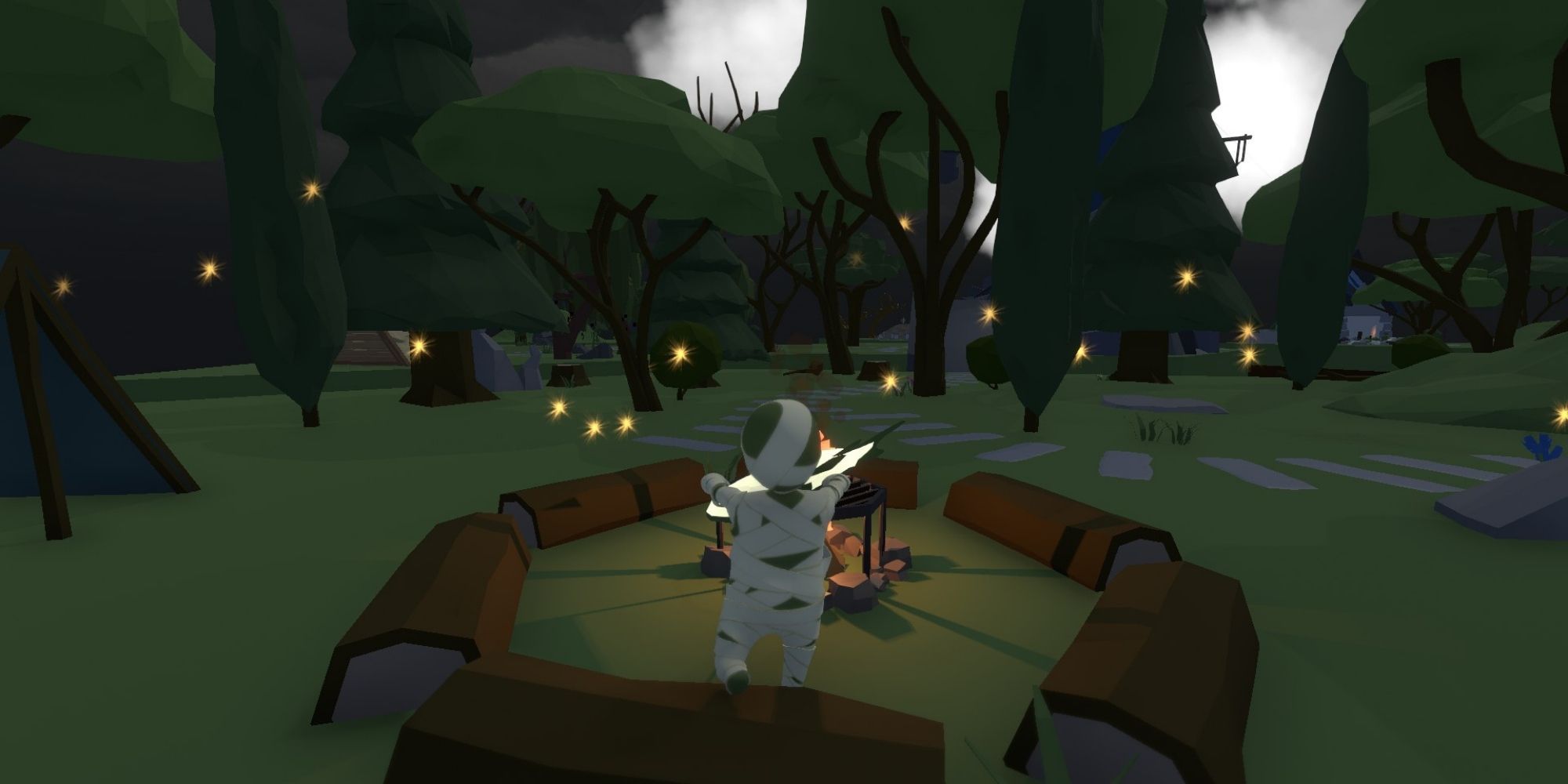 player cooks fish on firepit surrounded by logs