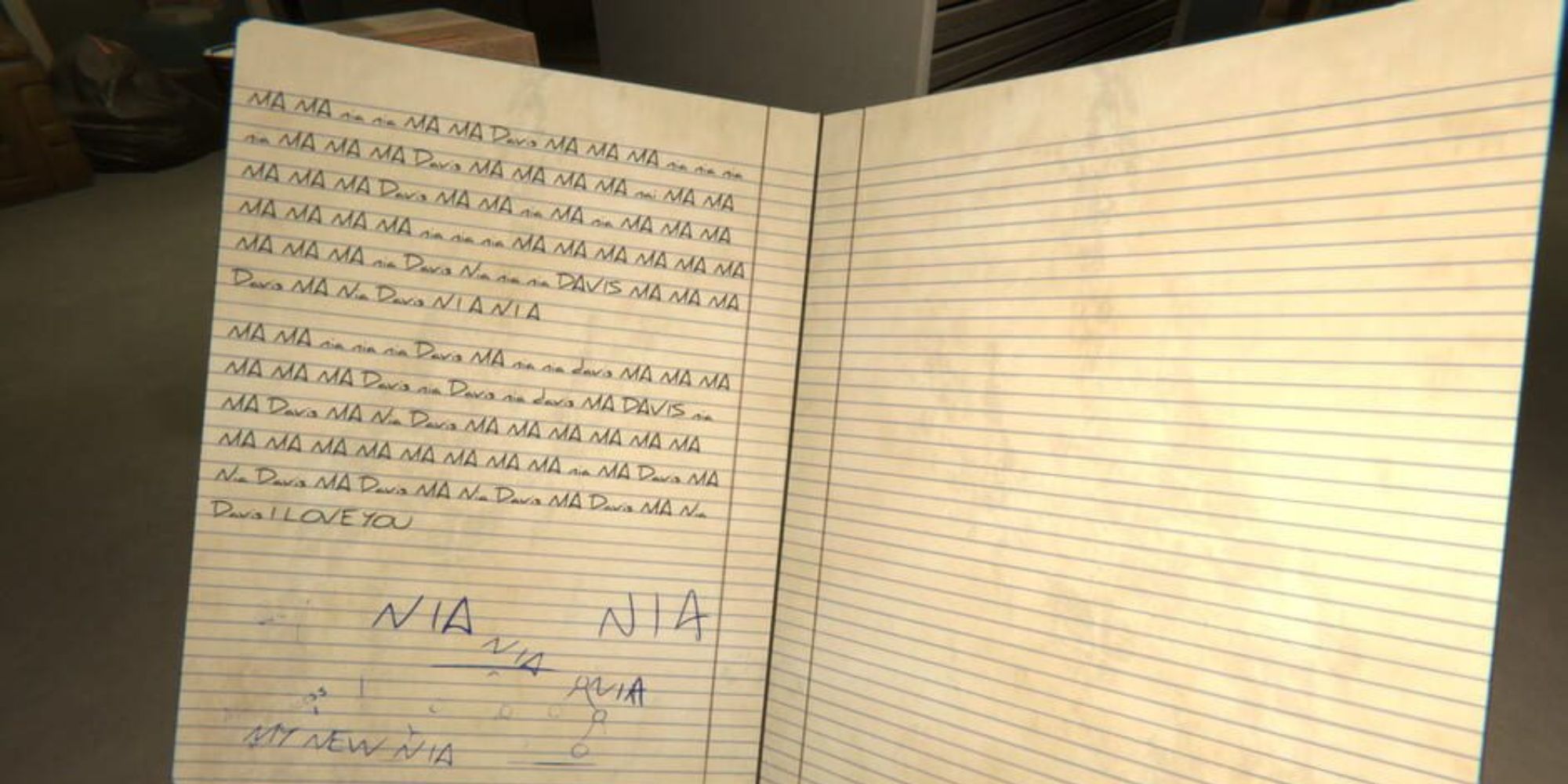 NIA and Davis are repeatedly scribbled on the left page of an old notebook, with the last line being "i love you"