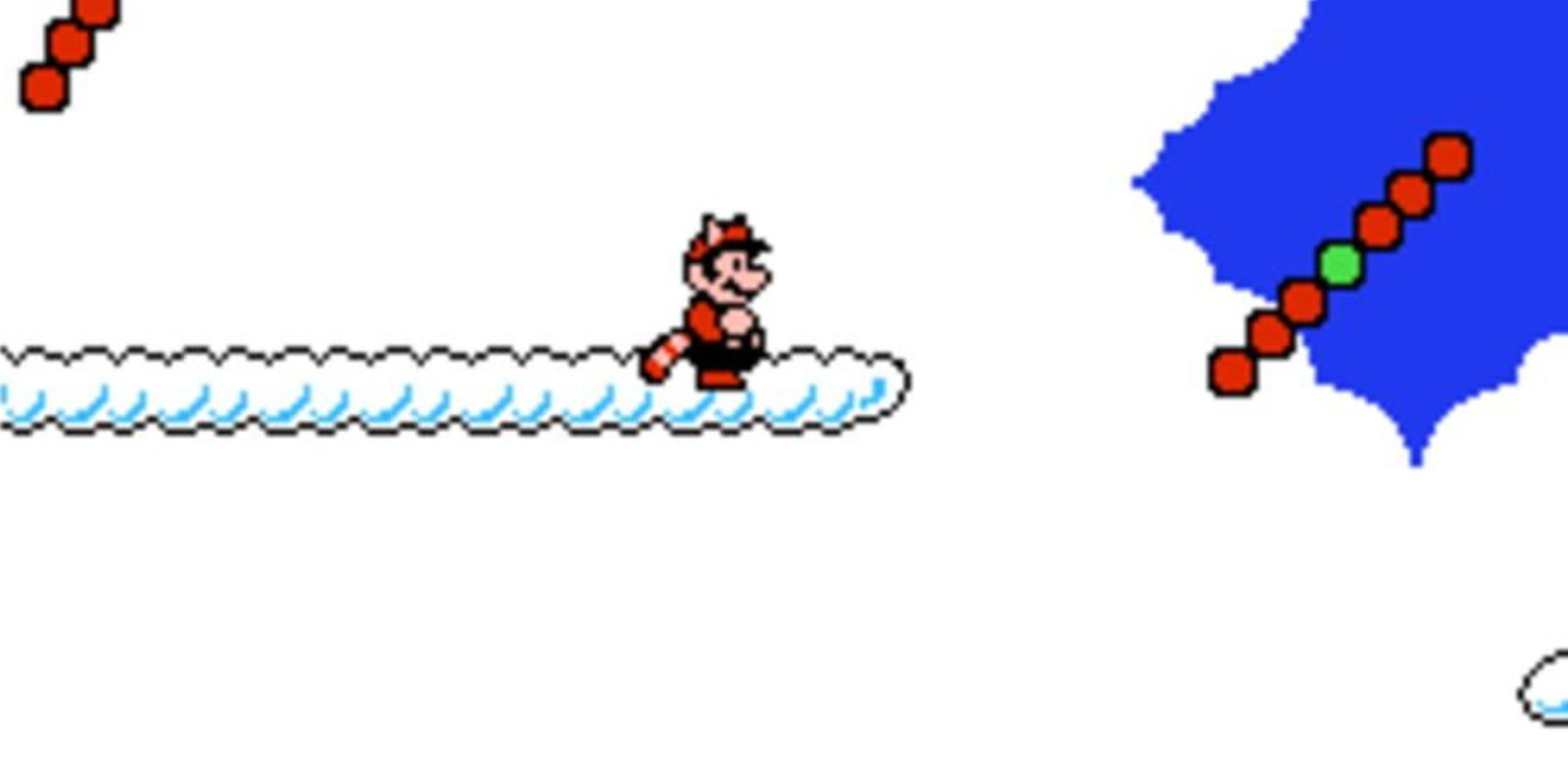 Raccoon Mario stands on a cloud in a Sky Land level