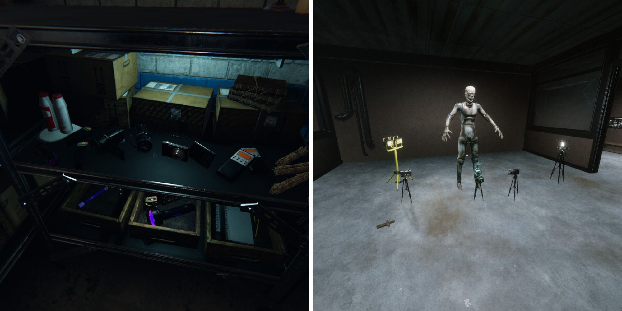 left: phasmophobia base storage shelves with various equipment on them, right: lights and avrious equipment surround a test dummy in ghost watchers base