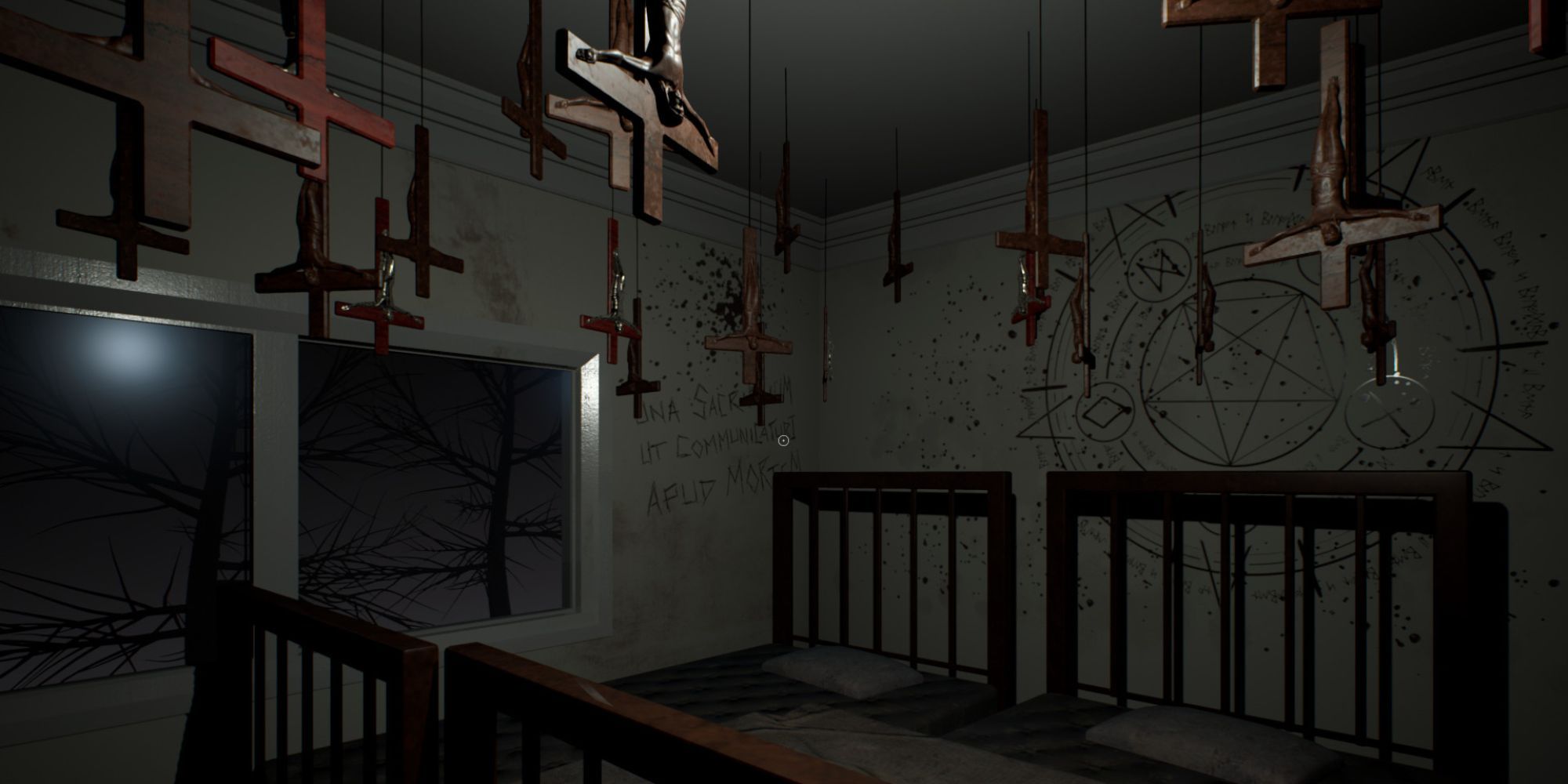 inverted crosses hang from the ceiling of a bedroom with two beds. latin and a pentagram on the wall