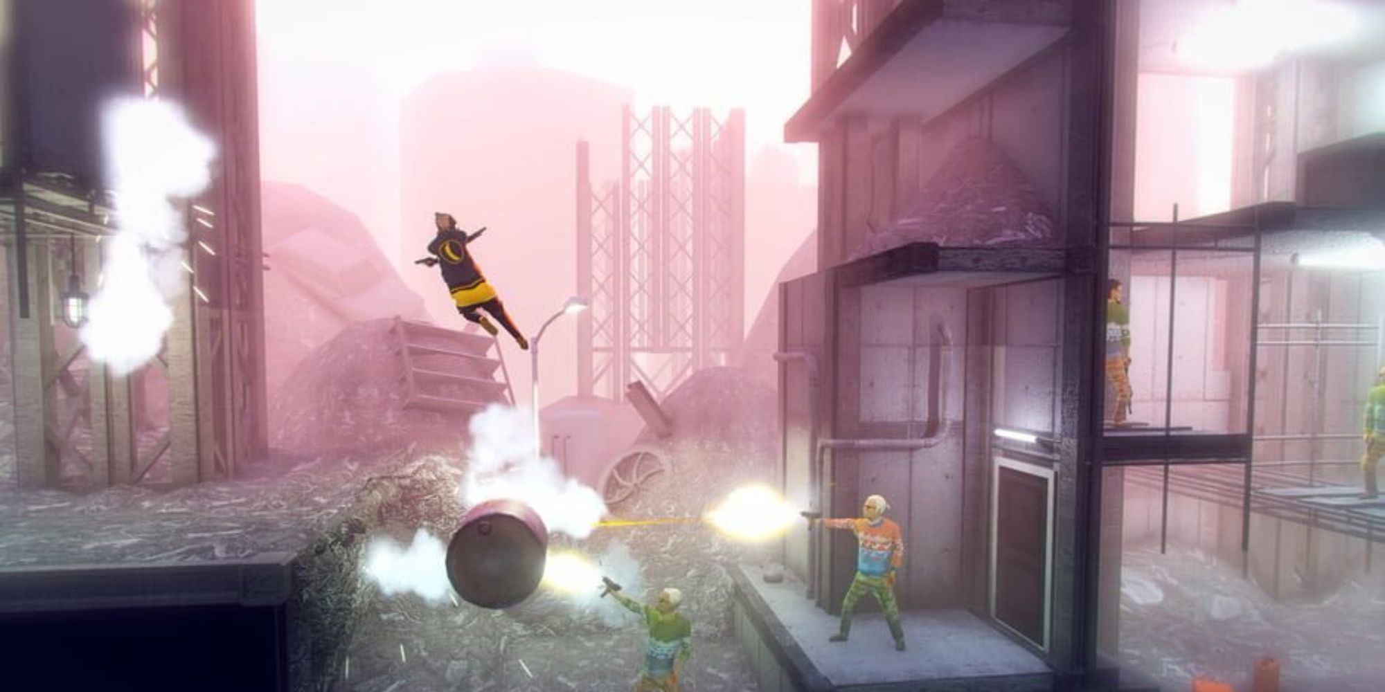 Protagonist flips midair with dual pistols as two enemies shoot him 