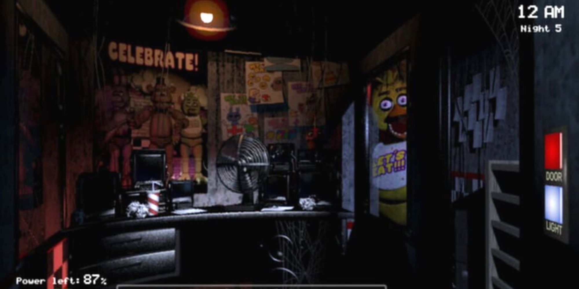 player looks at open right door of Fazbear Pizza security office with 87% power at 12 am during night 5