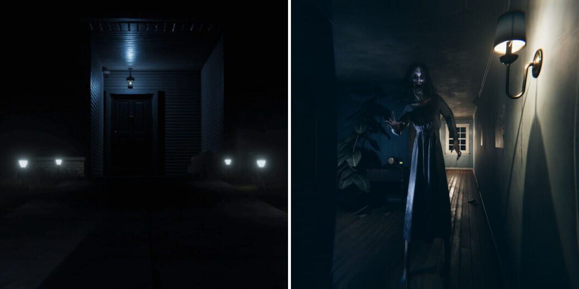 left: the door to a haunted house in Phasmophobia; right: Drowned ghost appears in a hall in Ghost Watchers
