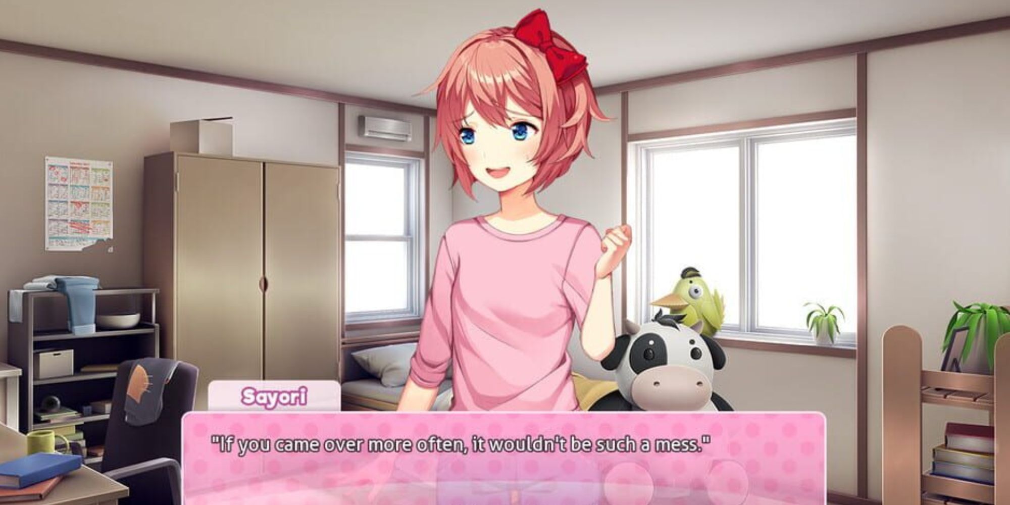 Sayori stands in her bedroom telling the protagonist that the room would be cleaner if he visited more