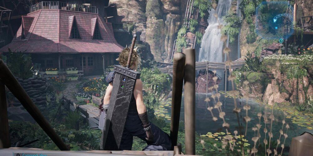 Cloud outside of Aerith's House in Final Fantasy 7 Remake.