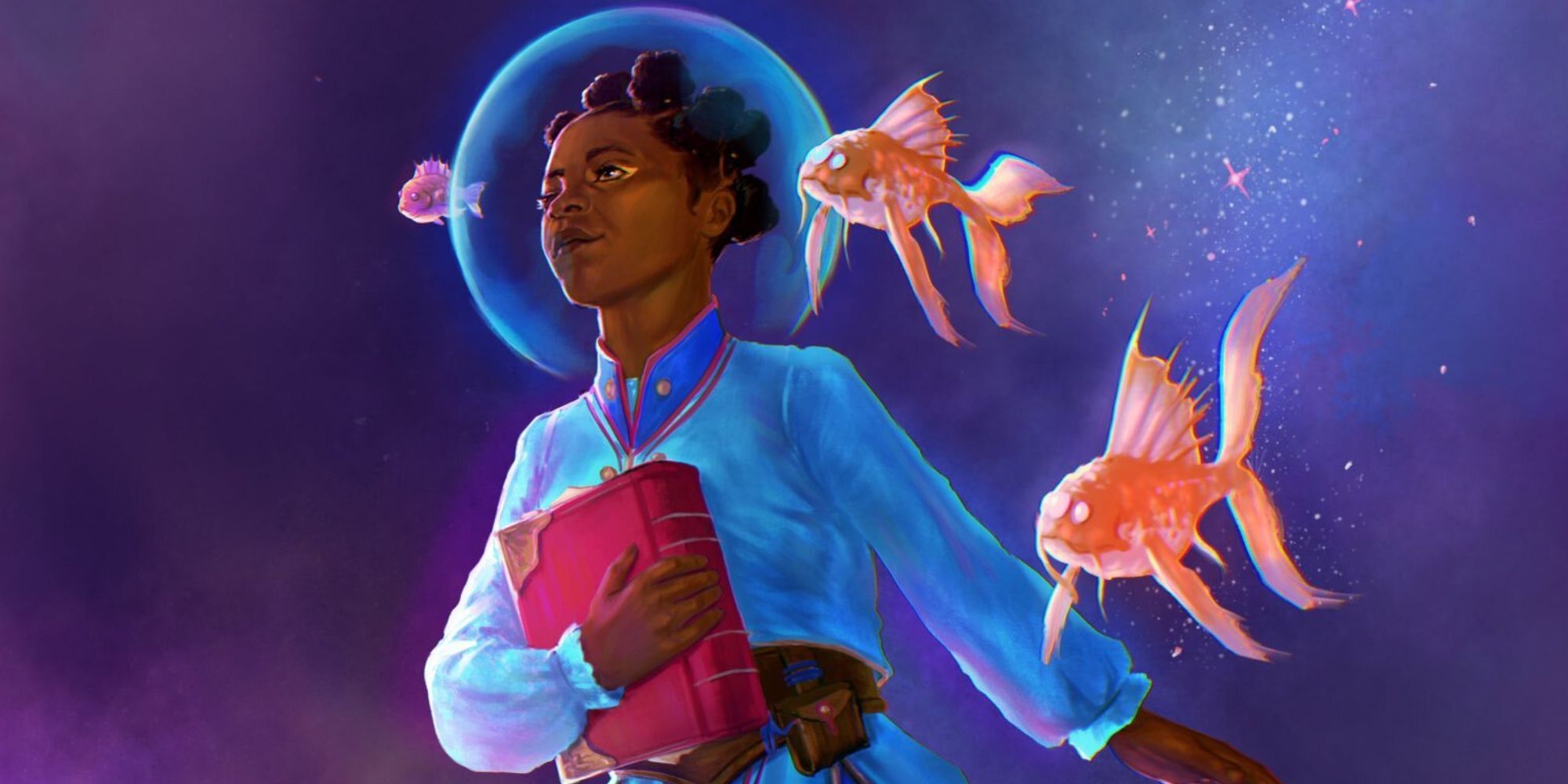 Air Bubble by Nikki Dawes, image showing person in blue outfit, holding a book, with fish swimming around them.