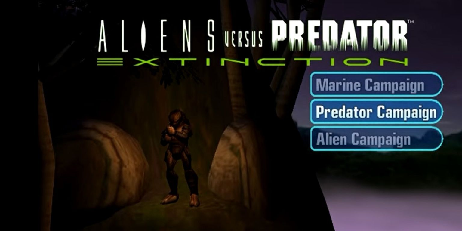 A Yautja standing in a tree in the menu of Aliens Versus Predator Extinction