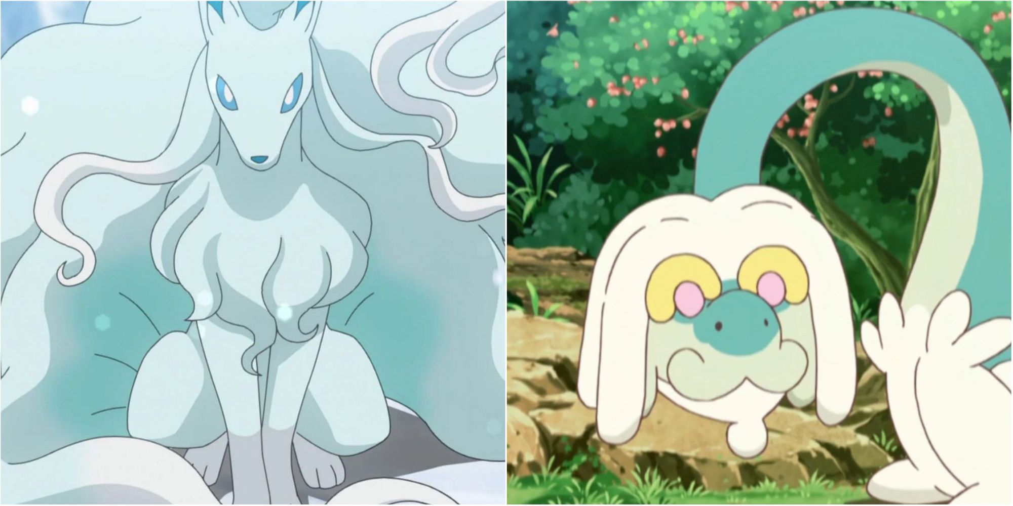 Split image screenshots of Alolan Ninetales and Drampa.