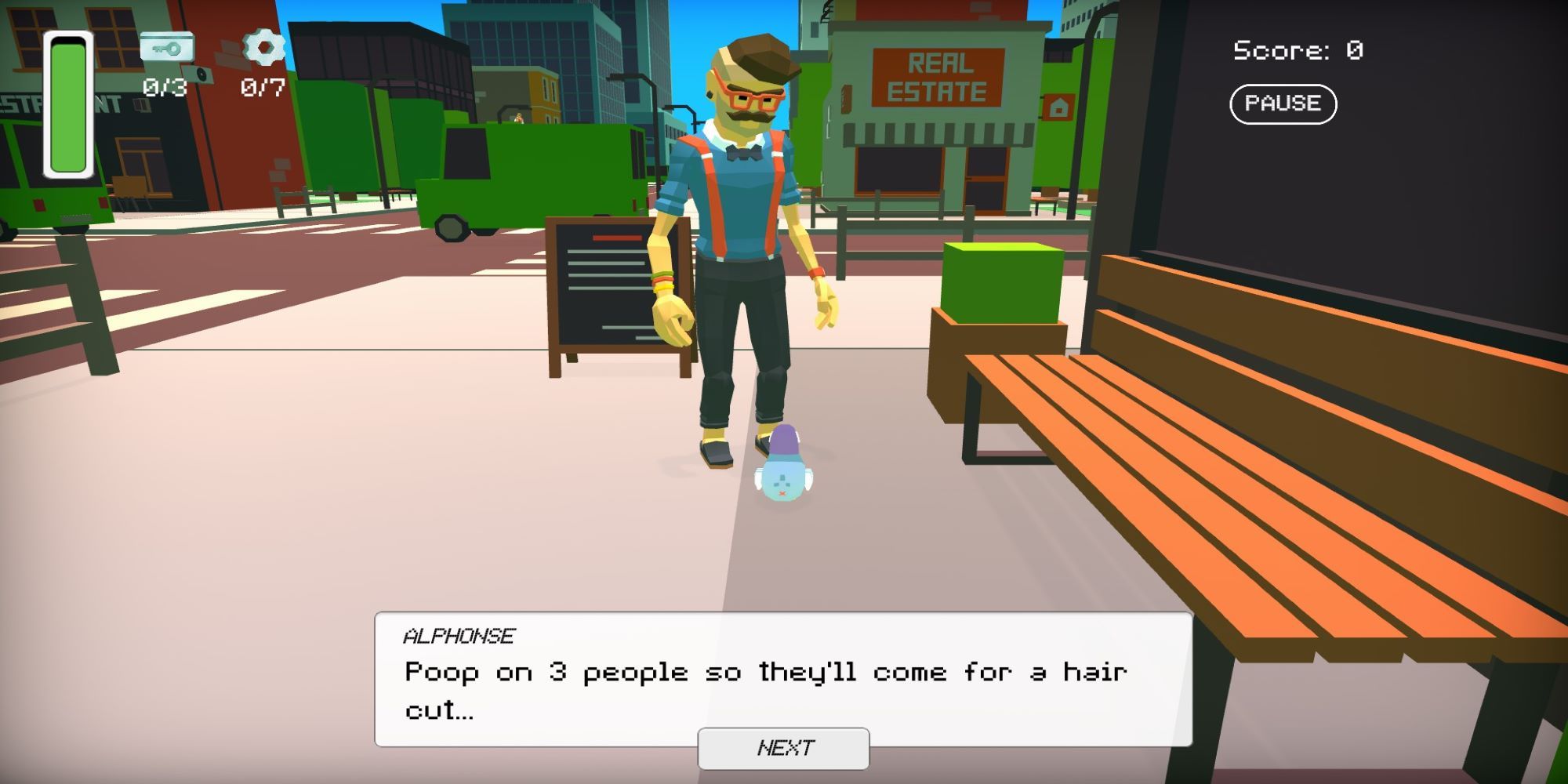 Alphonse asks a pigeon to poop on people in Fly And Poop.