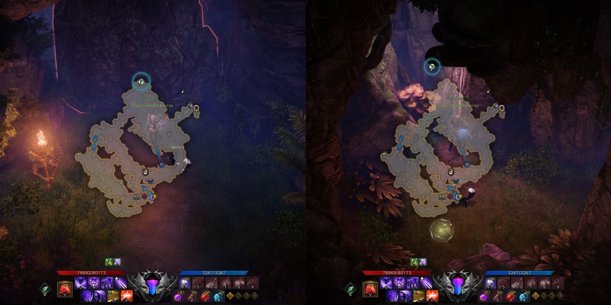 Lost Ark split image of Anguished Isle Mokoko Seed 2 location with minimap open and its hidden entrance