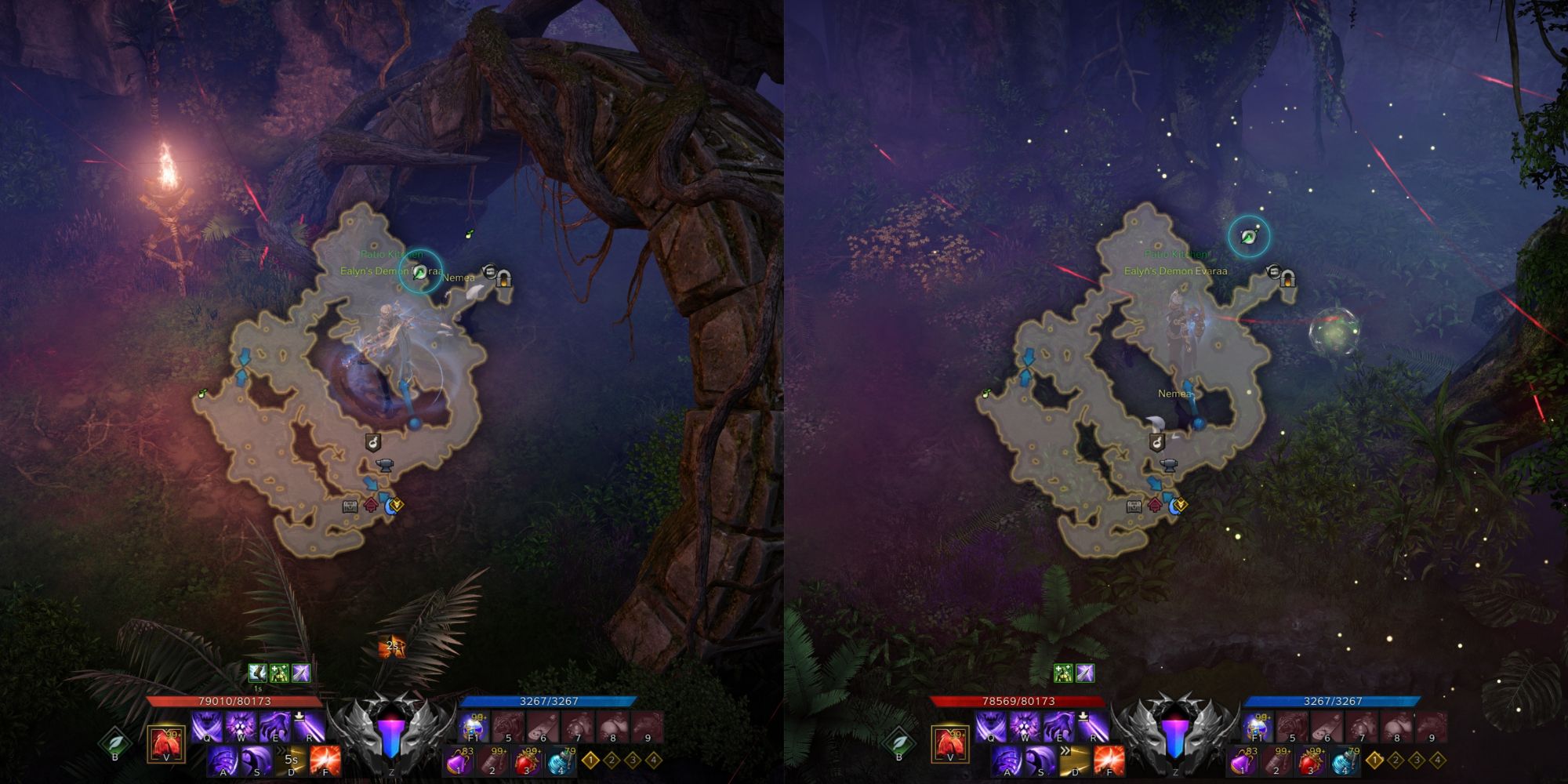 Lost Ark split image of Anguished Isle Mokoko Seed 3 location with minimap open and its hidden entrance