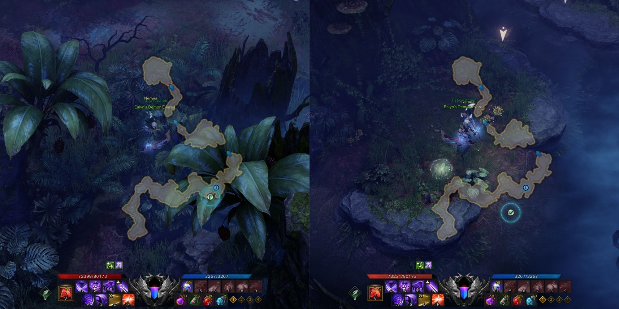 Lost Ark split image of Anguished Isle Mokoko Seed 4 location with minimap open and its hidden entrance