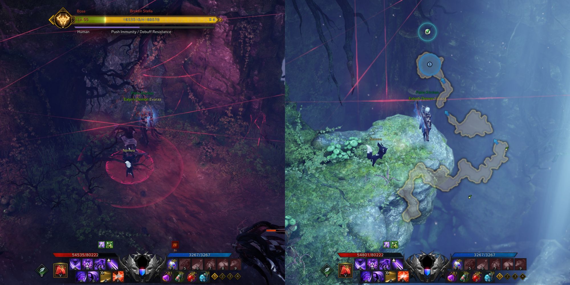 Lost Ark split image of Anguished Isle Mokoko Seed 6 location with minimap open and its hidden entrance