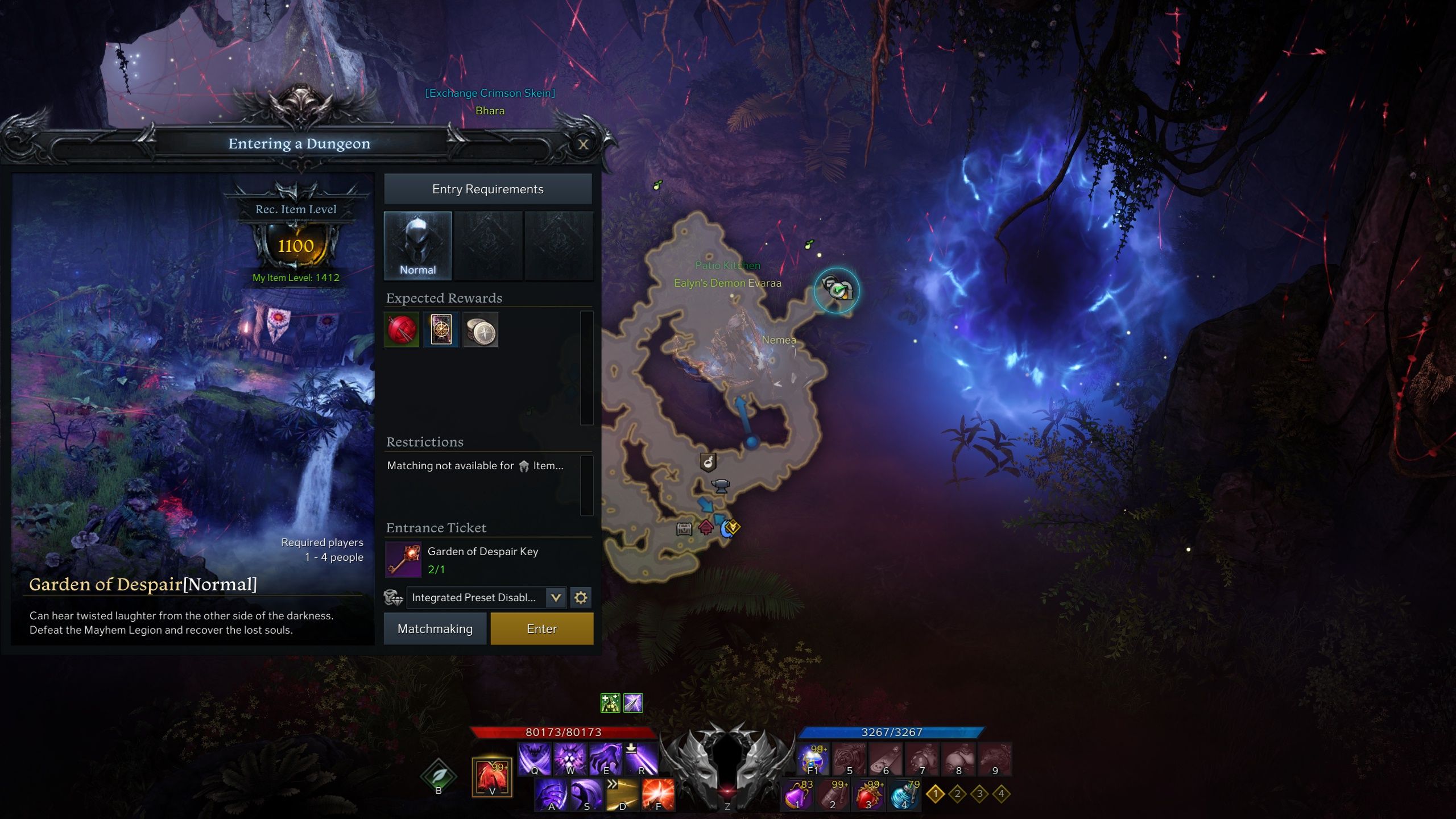 Anguished Isle dungeon entrance with queue screen and minimap open