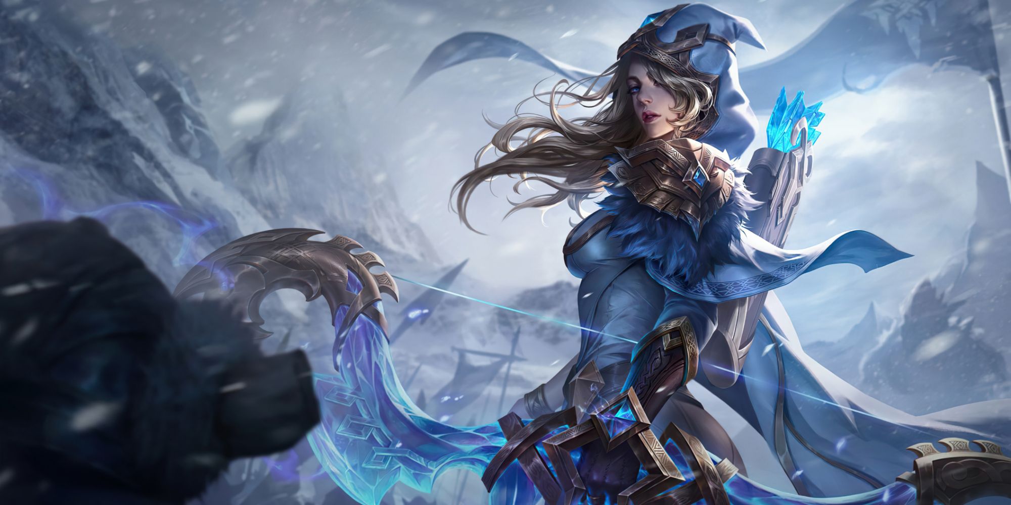 Ashe The Frost Archer looking over her shoulder as the snow falls around her as she holds her magical True Ice bow