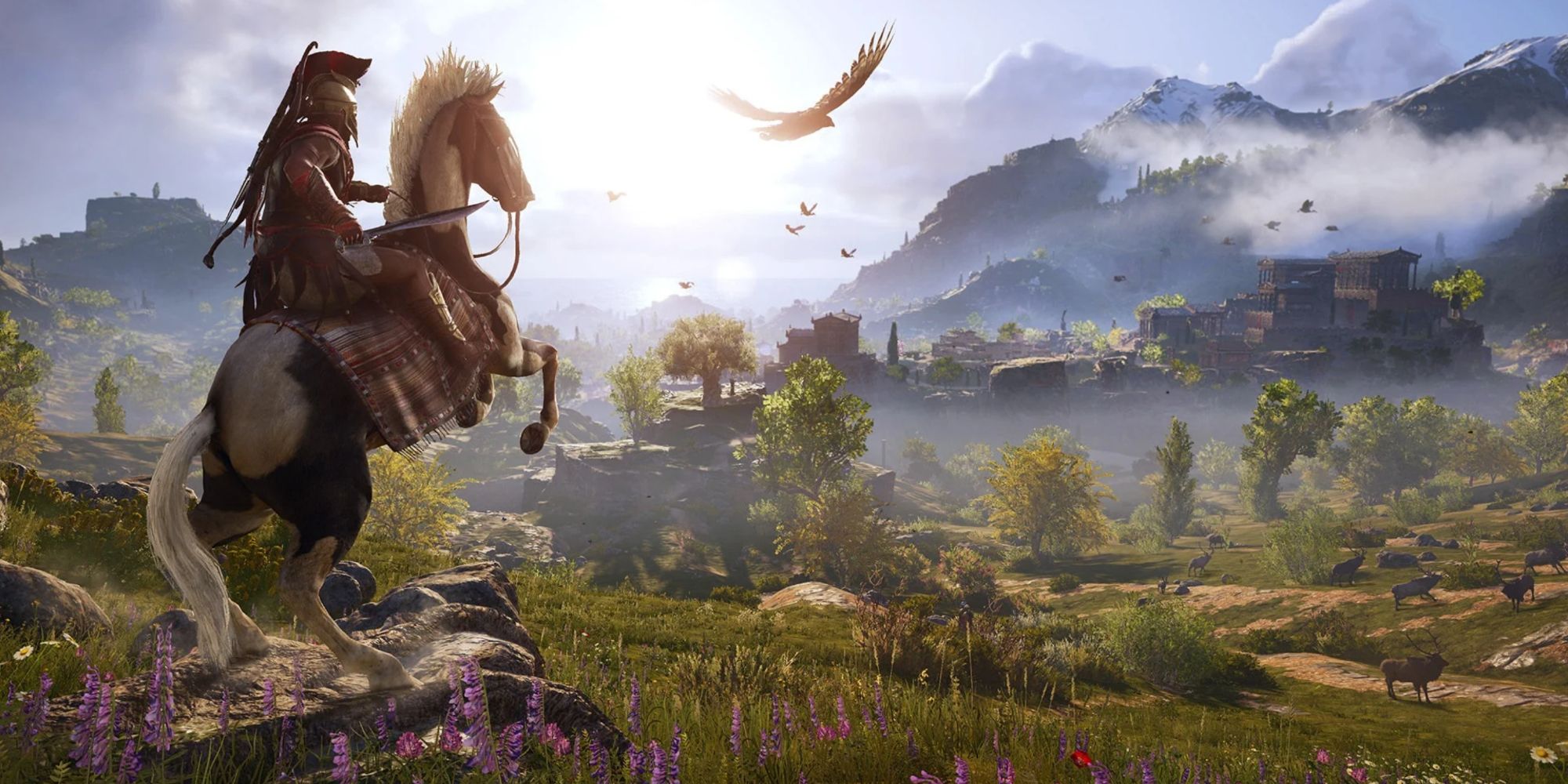 Alexios on his horse looking at a vista in Assassin's Creed Odyysey