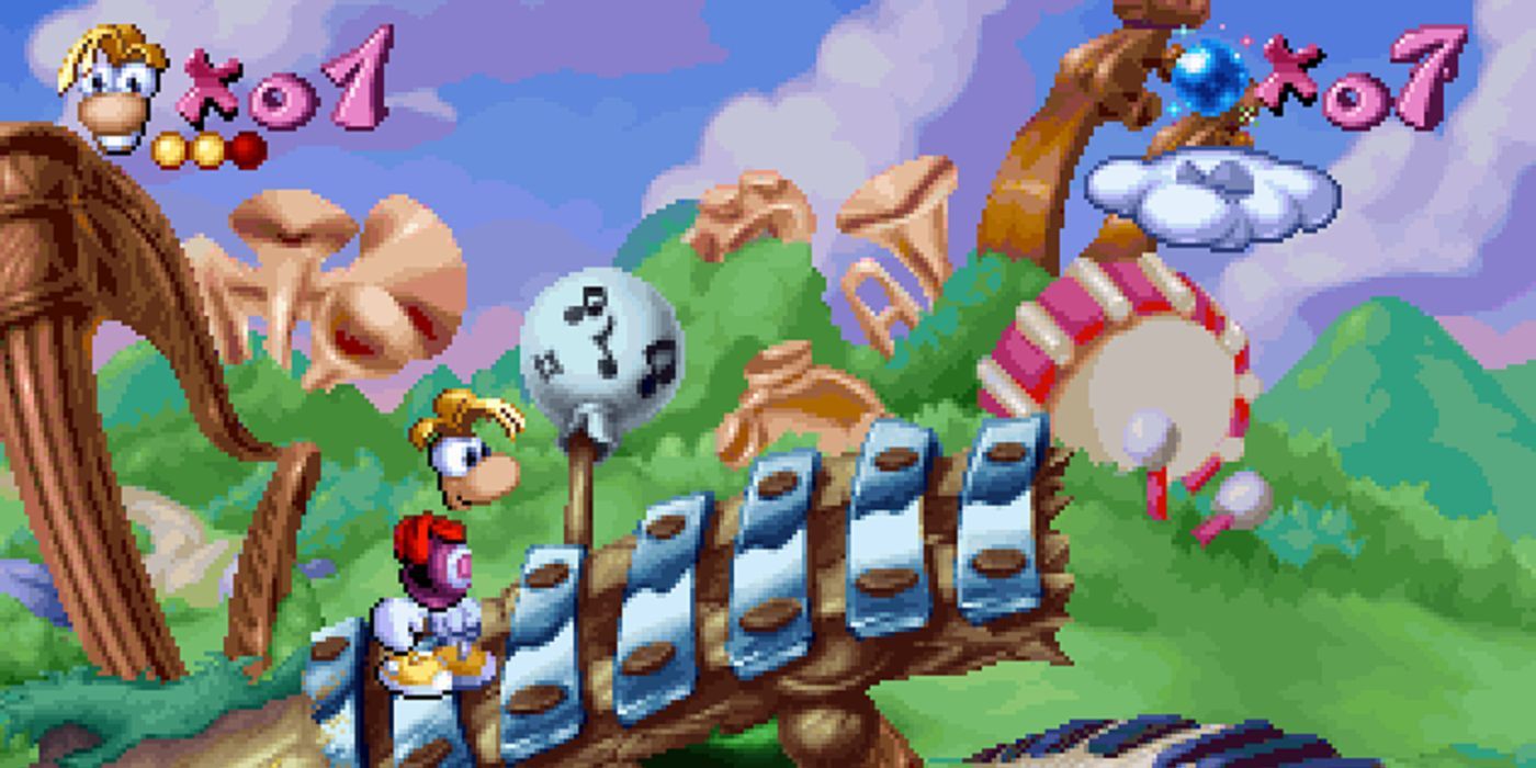 Rayman stands in front of a broken xylophone bridge with musical instruments in the background