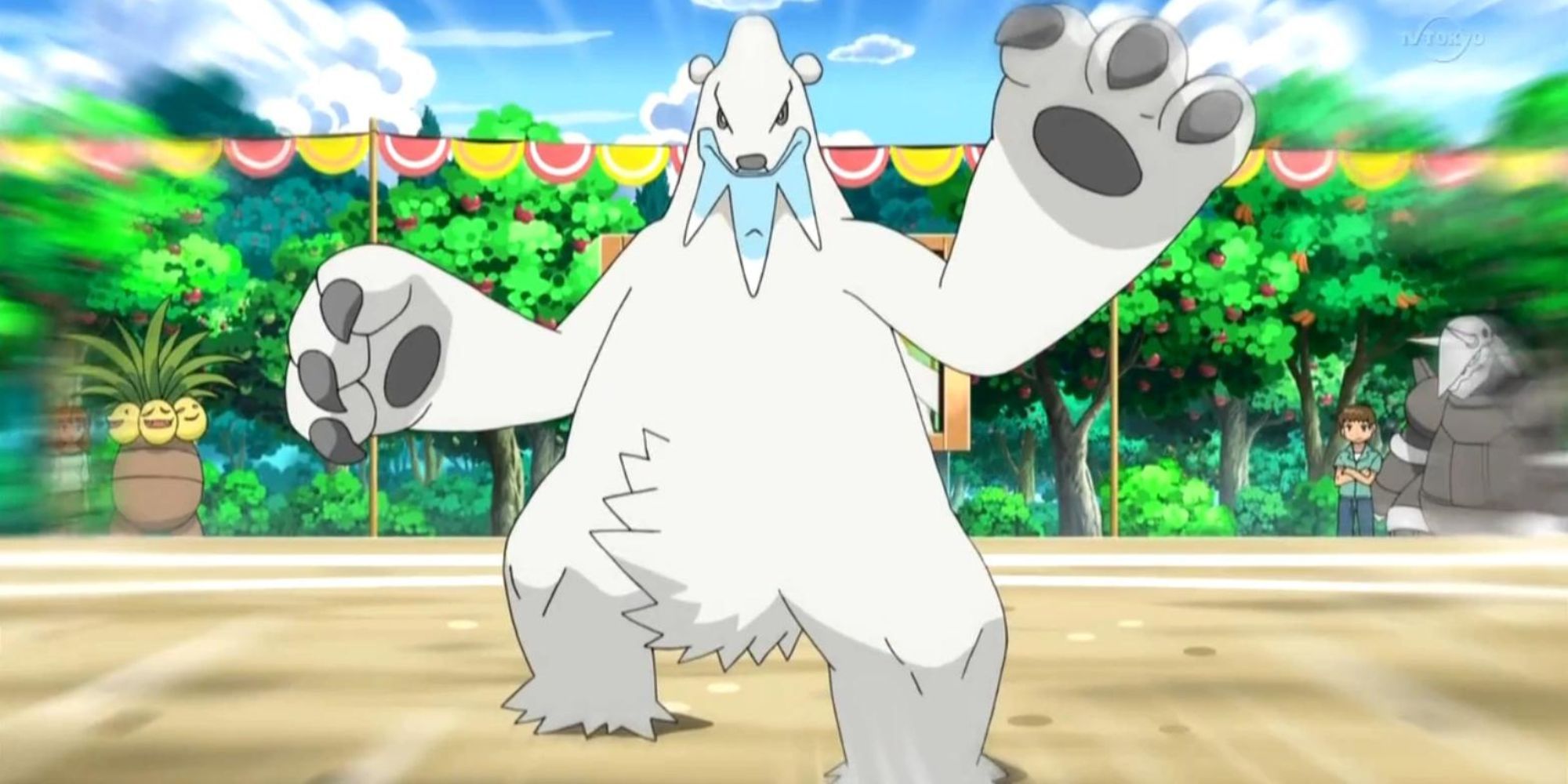Beartic prepares for battle as other pokemon and trainers watch from a distance