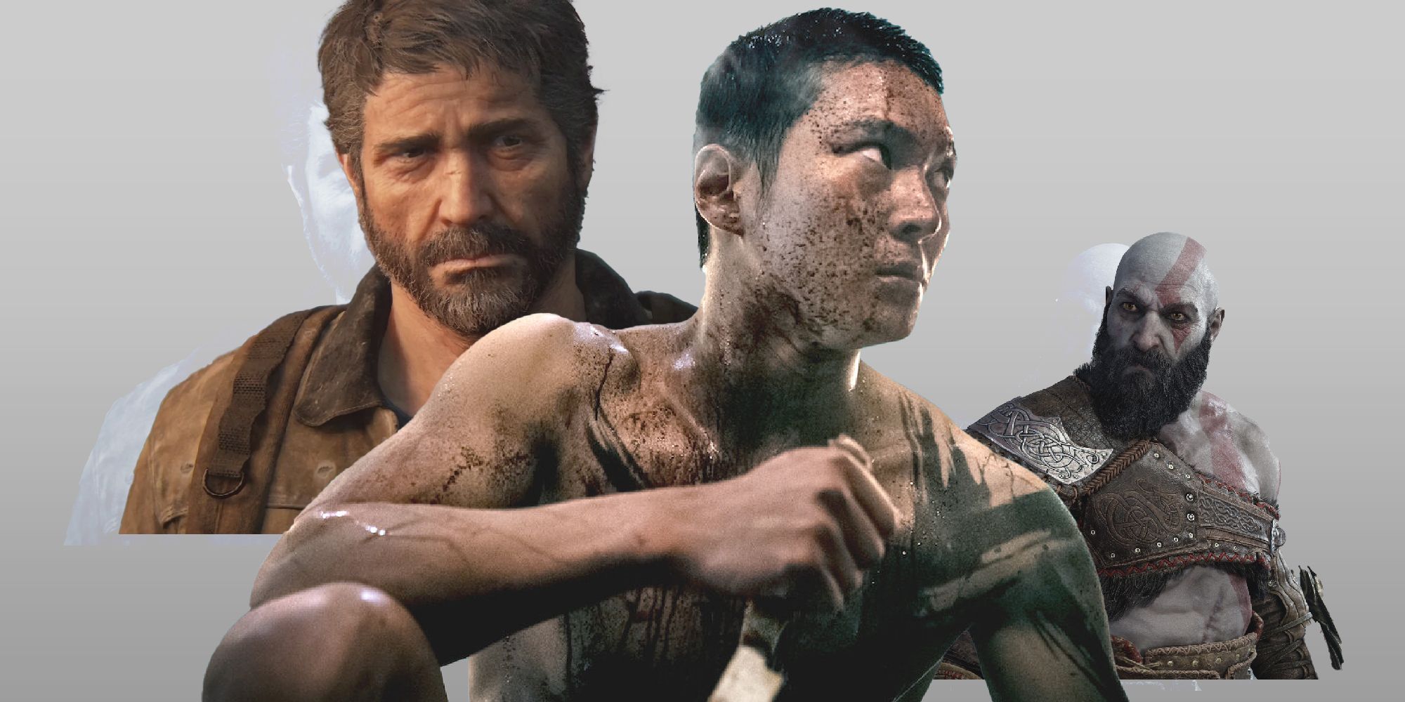 Joel from The Last of Us, Joo Won as Carter, and Kratos from God of War.