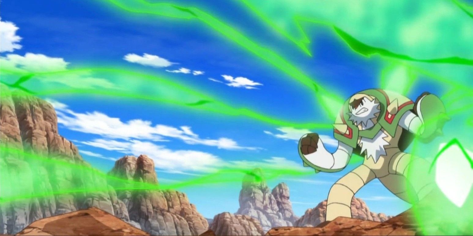 Chesnaught using Pin Missile in a desert-type area