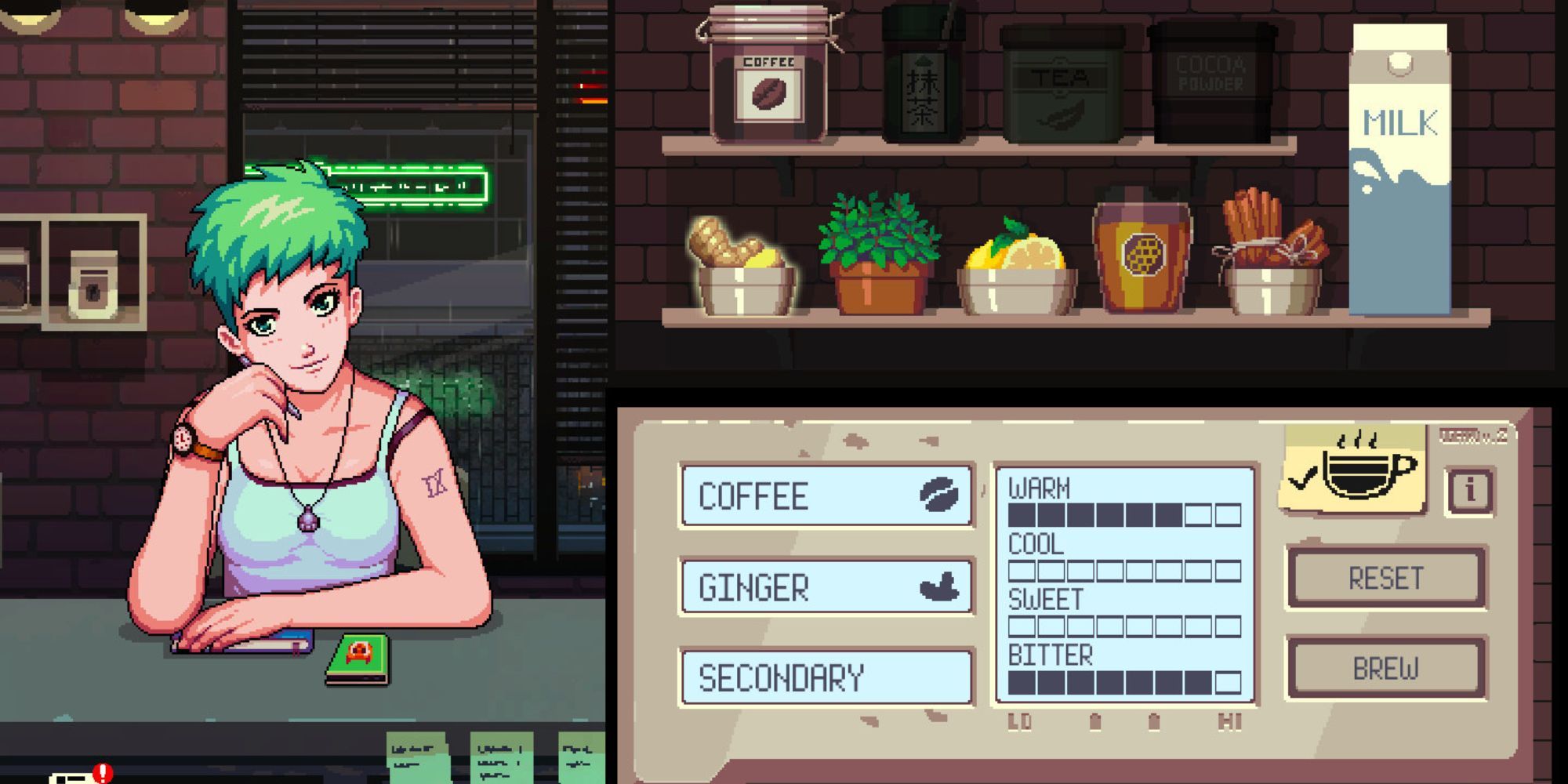 A woman with green hair waits for her coffee in a cafe
