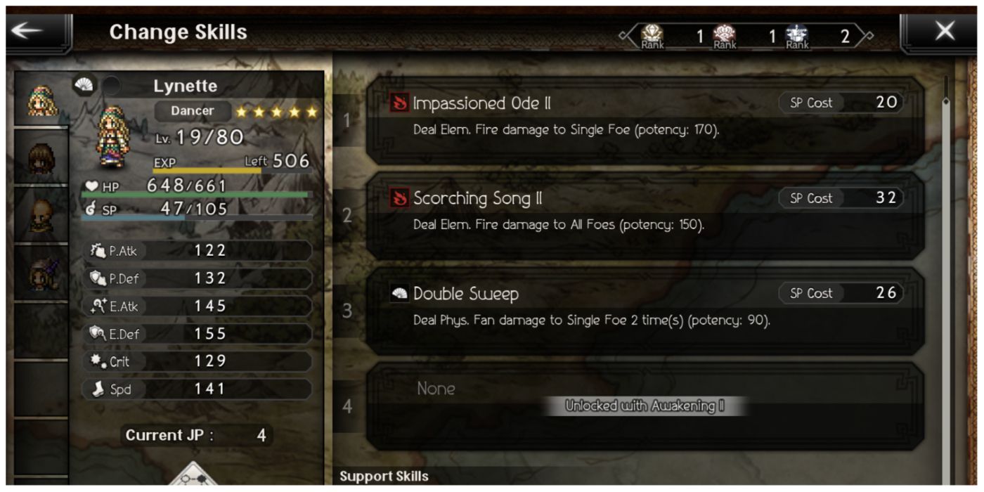 Octopath Traveler Champions of the Continent CotC Skills Menu For Lynette
