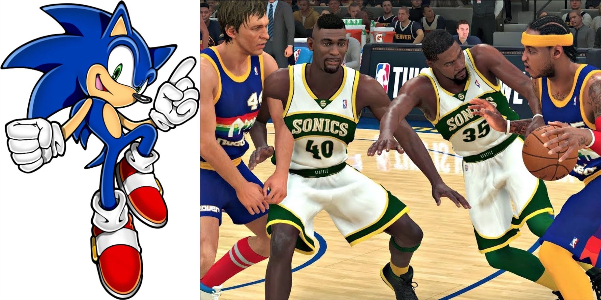 Sonic posing, the sonics playing the nuggets in an NBA 2k game
