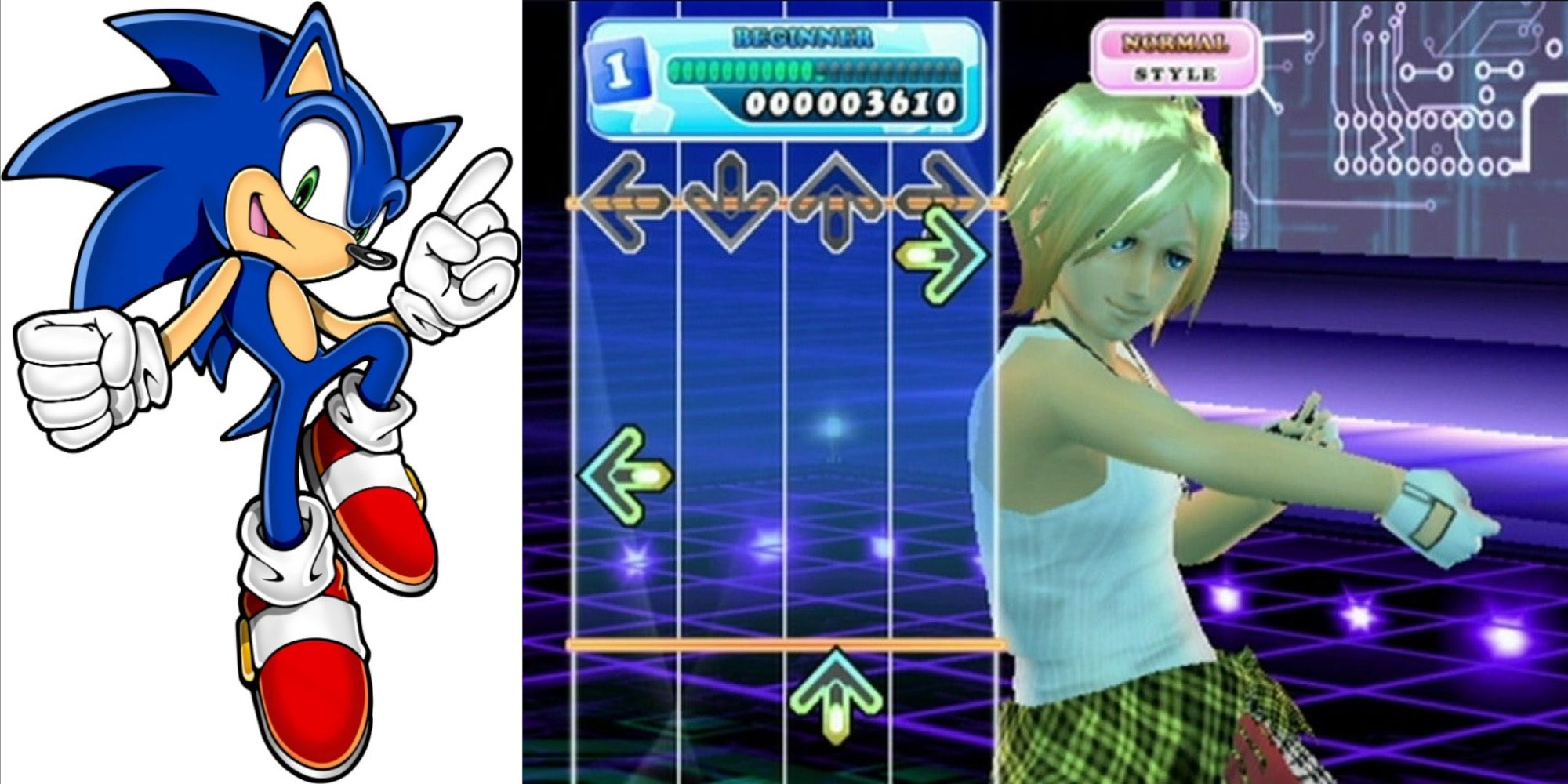 Sonic posing, blonde person dancing in DDR