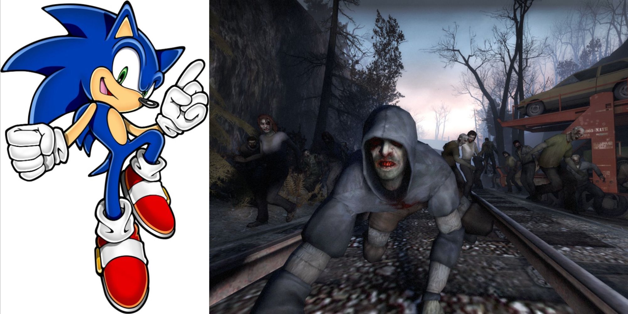 Sonic Posing, zombies running down a railroad track