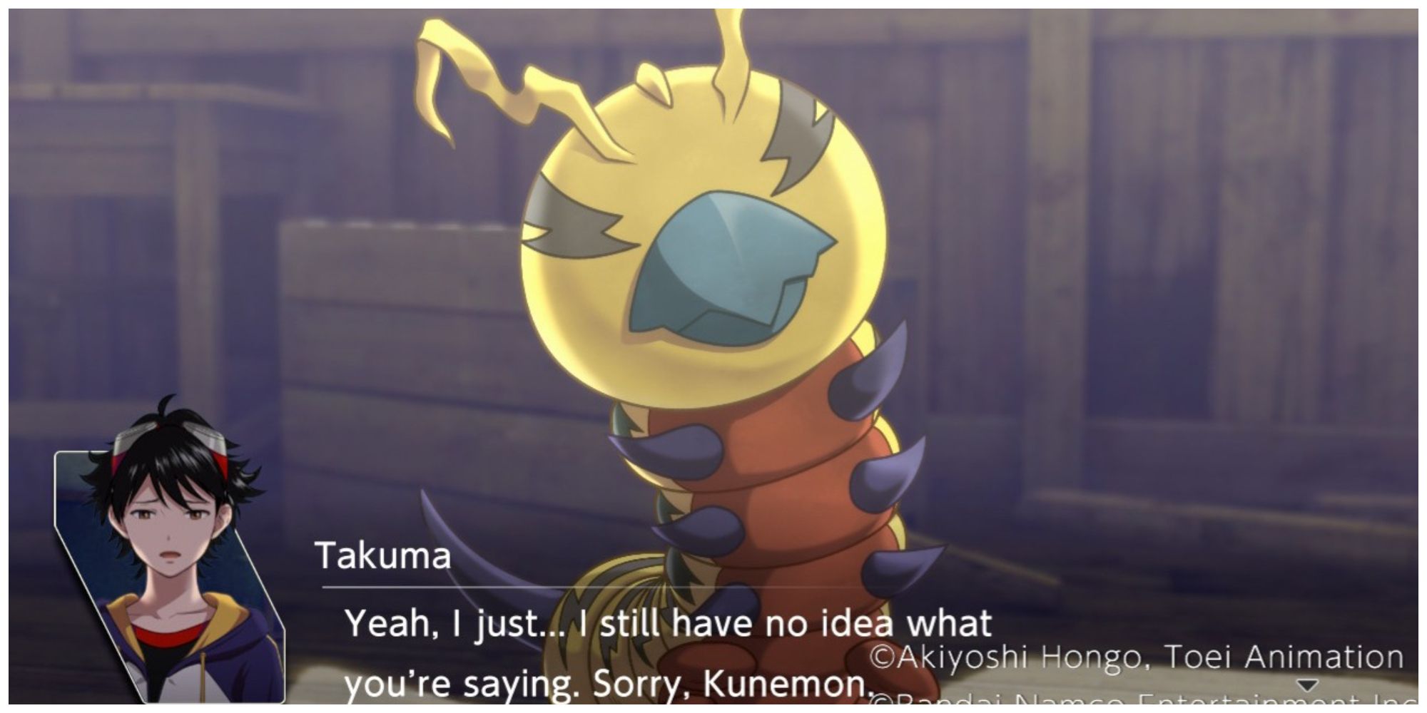 Kunemon still attempts to talk while Takuma can't seem to understand him in Digimon Survive