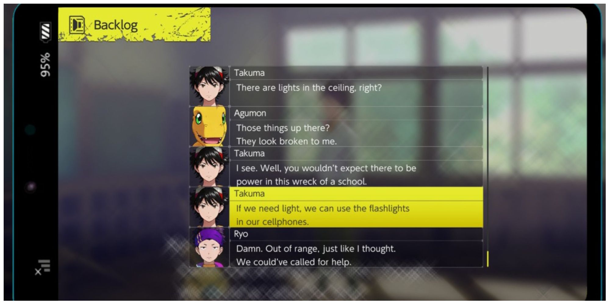 Takuma, agumon and Ryo discuss using their phone flashligts to see in Digimon Survive